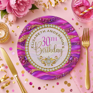 Glam Pink Gold Jeweled Strata 30th Birthday Paper Plates