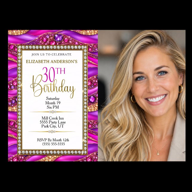 Glam Pink Gold Jeweled Strata 30th Birthday Photo Invitation (Glam Pink and Gold Jeweled 30th Birthday Photo Invitation with Diamond Luxury Design)