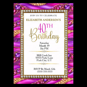 Glam Pink Gold Jeweled Strata 40th Birthday Invitation