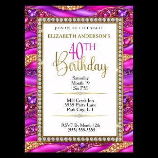 Glam Pink Gold Jeweled Strata 40th Birthday Invitation