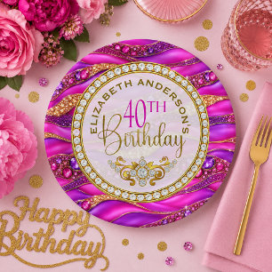 Glam Pink Gold Jeweled Strata 40th Birthday Paper Plates