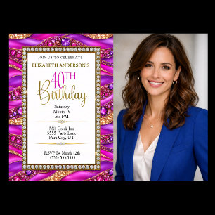 Glam Pink Gold Jeweled Strata 40th Birthday Photo Invitation