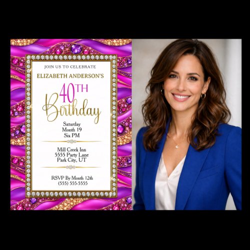 Glam Pink Gold Jeweled Strata 40th Birthday Photo Invitation