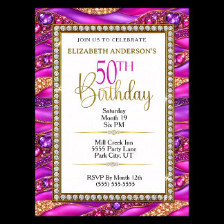 Glam Pink Gold Jeweled Strata 50th Birthday Invitation