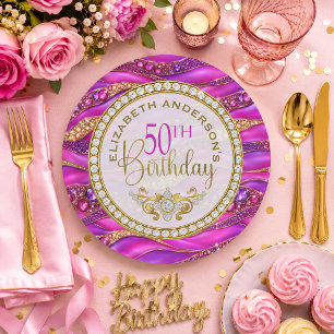 Glam Pink Gold Jeweled Strata 50th Birthday Paper Plates