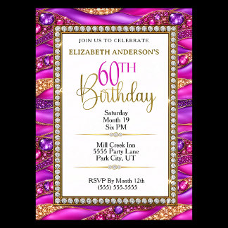 Glam Pink Gold Jeweled Strata 60th Birthday Invitation
