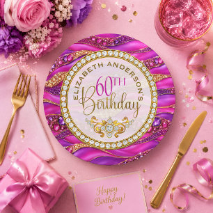 Glam Pink Gold Jeweled Strata 60th Birthday Paper Plates