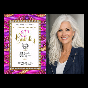 Glam Pink Gold Jeweled Strata 60th Birthday Photo Invitation