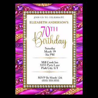 Glam Pink Gold Jeweled Strata 70th Birthday Invitation