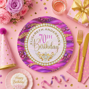 Glam Pink Gold Jeweled Strata 70th Birthday Paper Plates