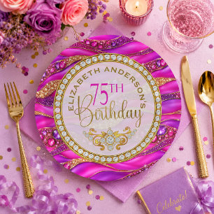 Glam Pink Gold Jeweled Strata 75th Birthday Paper Plates