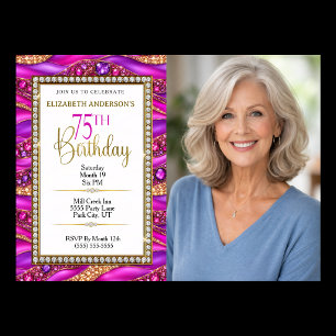Glam Pink Gold Jeweled Strata 75th Photo Birthday Invitation