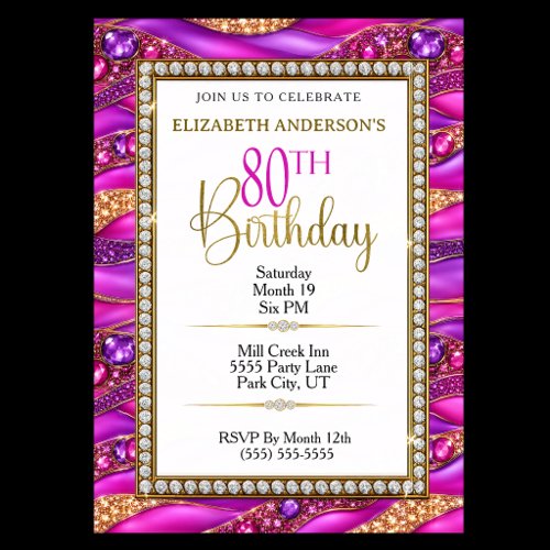 Glam Pink Gold Jeweled Strata 80th Birthday Invitation