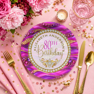 Glam Pink Gold Jeweled Strata 80th Birthday Paper Plates