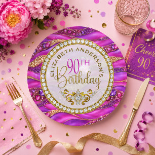 Glam Pink Gold Jeweled Strata 90th Birthday Paper Plates