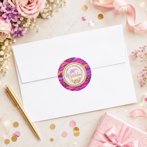 Glam Pink Gold Jeweled Strata 99th Birthday Classic Round Sticker