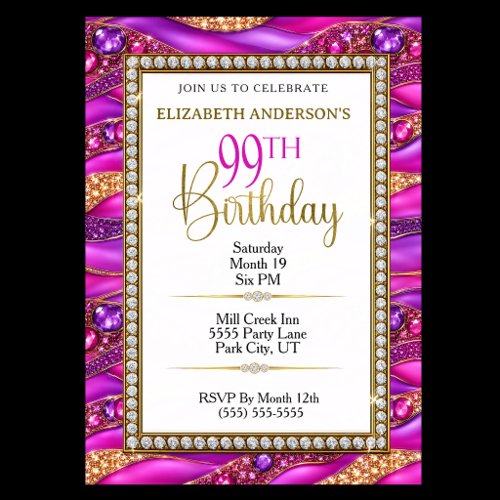 Glam Pink Gold Jeweled Strata 99th Birthday Invitation