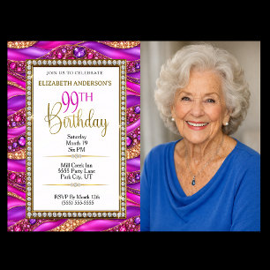 Glam Pink Gold Jeweled Strata 99th Birthday Photo Invitation
