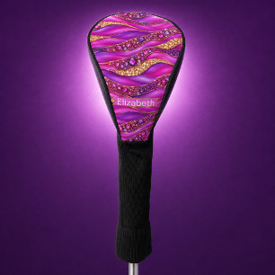 Glam Pink Gold Jeweled Strata Personalized Golf Head Cover