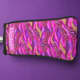 Glam Pink Gold Jeweled Strata Personalized Golf Head Cover