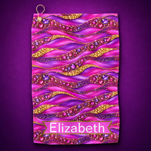 Glam Pink Gold Jeweled Strata Personalized Golf Towel