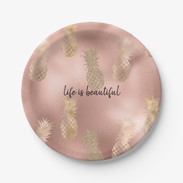 Glam Pink Gold Pineapples Paper Plates (Front)