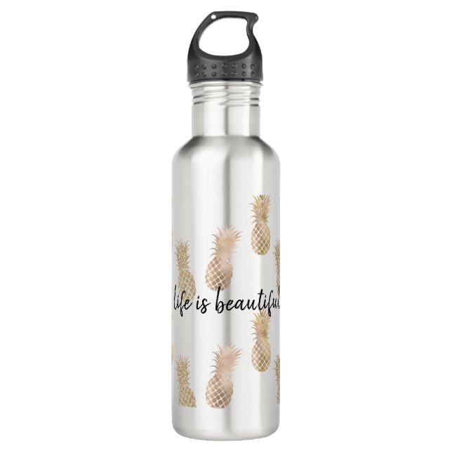 Glam Pink Gold Pineapples Stainless Steel Water Bottle (Front)