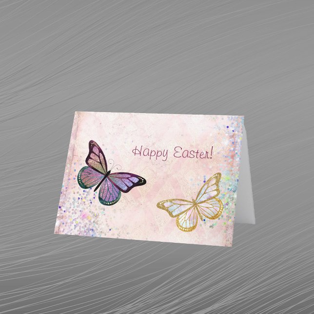Glam Pink Gold Purple Butterflies Easter Holiday Card (Creator Uploaded)