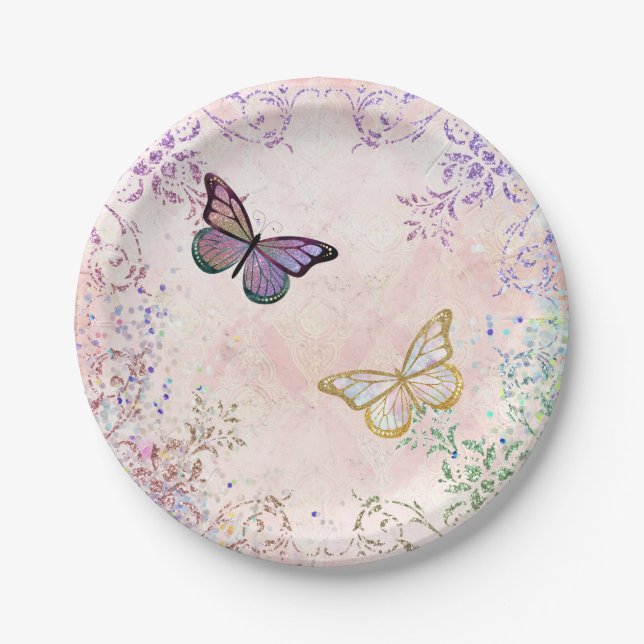 Glam Pink Gold Purple Butterflies Paper Plates (Front)