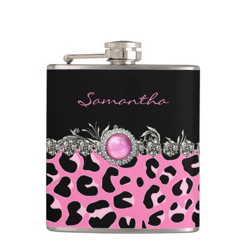 Glam Pink Jaguar Print Custom Flask