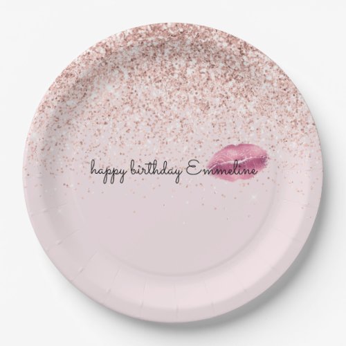 Glam Pink Kiss Lips Blush Glitter      Paper Plates