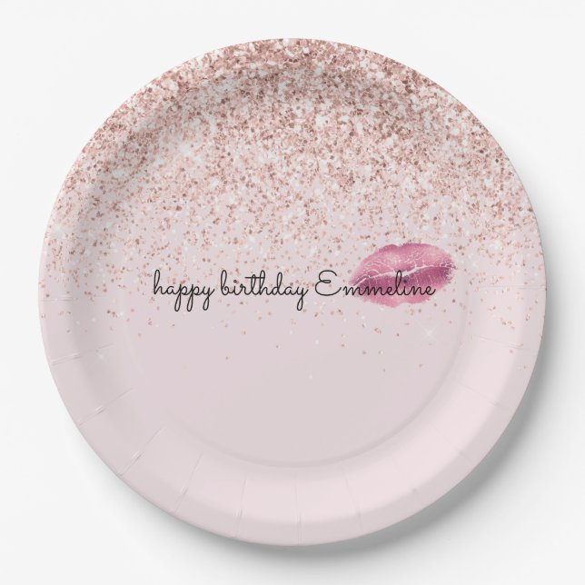 Glam Pink Kiss Lips Blush Glitter      Paper Plates (Front)