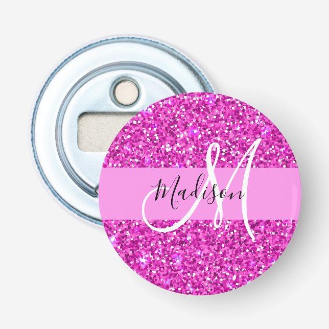 Glam Pink & Magenta Glitter Sparkle Monogram Name Bottle Opener (Front)