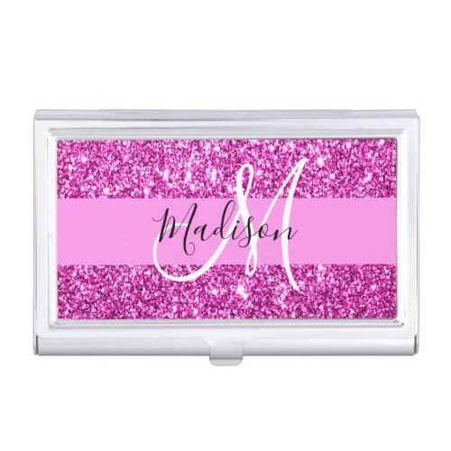 Glam Pink  Magenta Glitter Sparkle Monogram Name Business Card Case