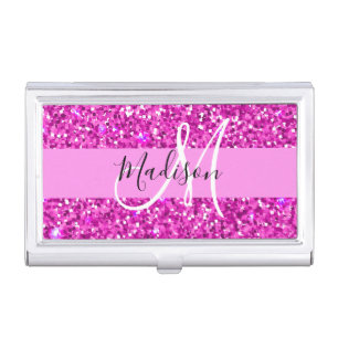 Glam Pink & Magenta Glitter Sparkle Monogram Name Business Card Case
