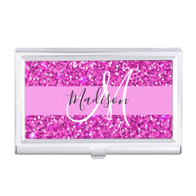Glam Pink & Magenta Glitter Sparkle Monogram Name Business Card Case (Front)