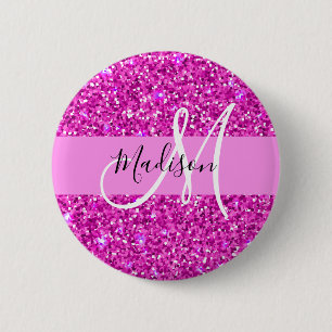 Glam Pink & Magenta Glitter Sparkle Monogram Name Button
