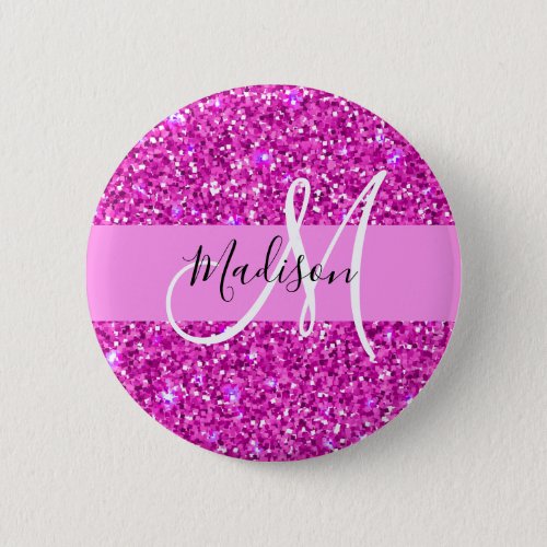 Glam Pink  Magenta Glitter Sparkle Monogram Name Button