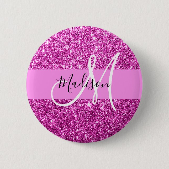 Glam Pink & Magenta Glitter Sparkle Monogram Name Button (Front)