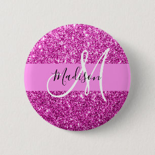 Glam Pink & Magenta Glitter Sparkle Monogram Name Button