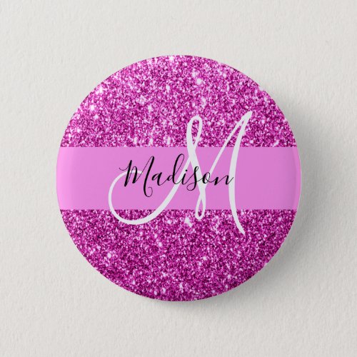 Glam Pink  Magenta Glitter Sparkle Monogram Name Button