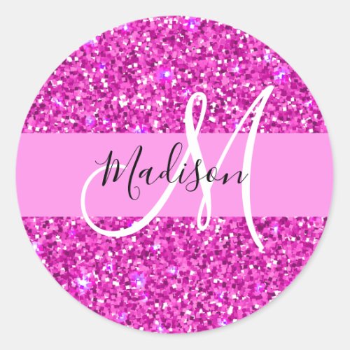Glam Pink  Magenta Glitter Sparkle Monogram Name Classic Round Sticker