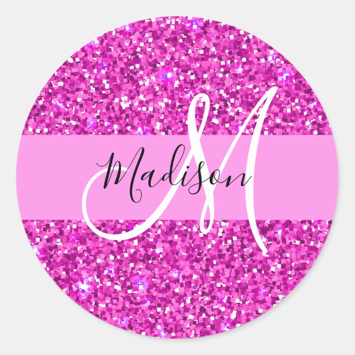 Glam Pink & Magenta Glitter Sparkle Monogram Name Classic Round Sticker ...