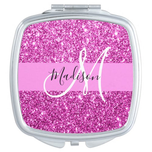 Glam Pink  Magenta Glitter Sparkle Monogram Name Compact Mirror