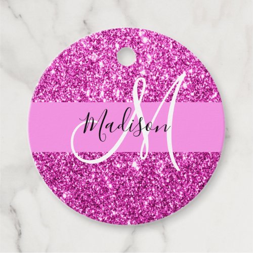 Glam Pink  Magenta Glitter Sparkle Monogram Name Favor Tags