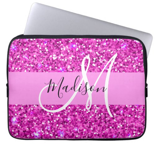 Glam Pink  Magenta Glitter Sparkle Monogram Name Laptop Sleeve