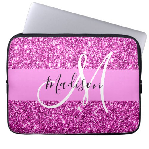 Glam Pink  Magenta Glitter Sparkle Monogram Name Laptop Sleeve