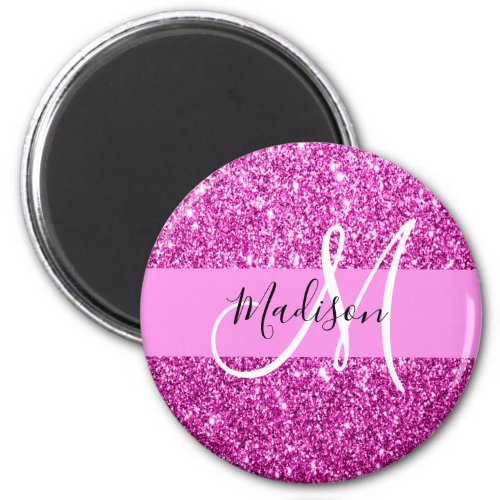 Glam Pink  Magenta Glitter Sparkle Monogram Name Magnet