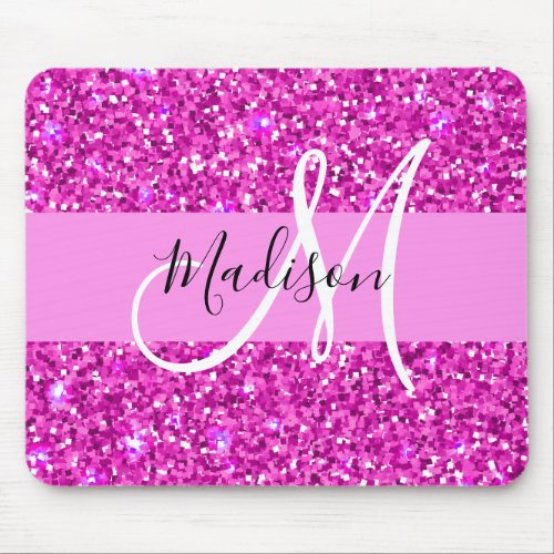 Glam Pink  Magenta Glitter Sparkle Monogram Name Mouse Pad