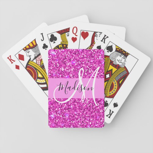 Glam Pink  Magenta Glitter Sparkle Monogram Name Playing Cards